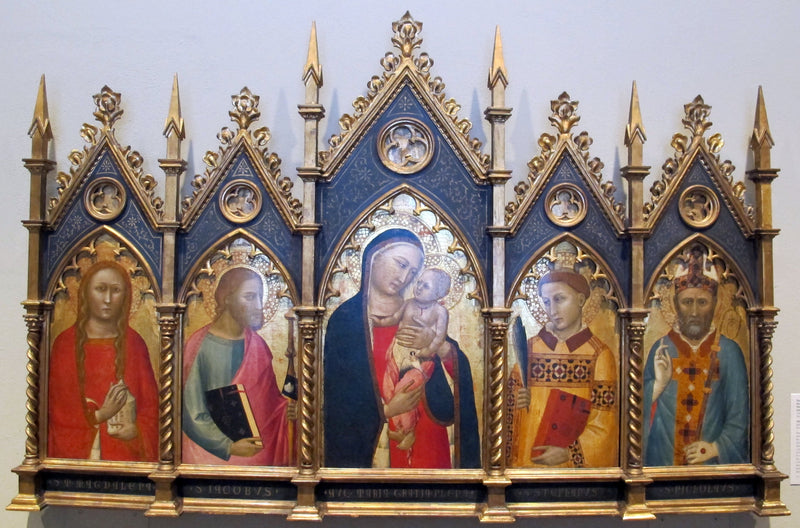 Vierge à l'Enfant, avec saint Marie-Madeleine, saint Jacques le Majeur, saint Étienne et un évêque. - Allegretto Nuzi