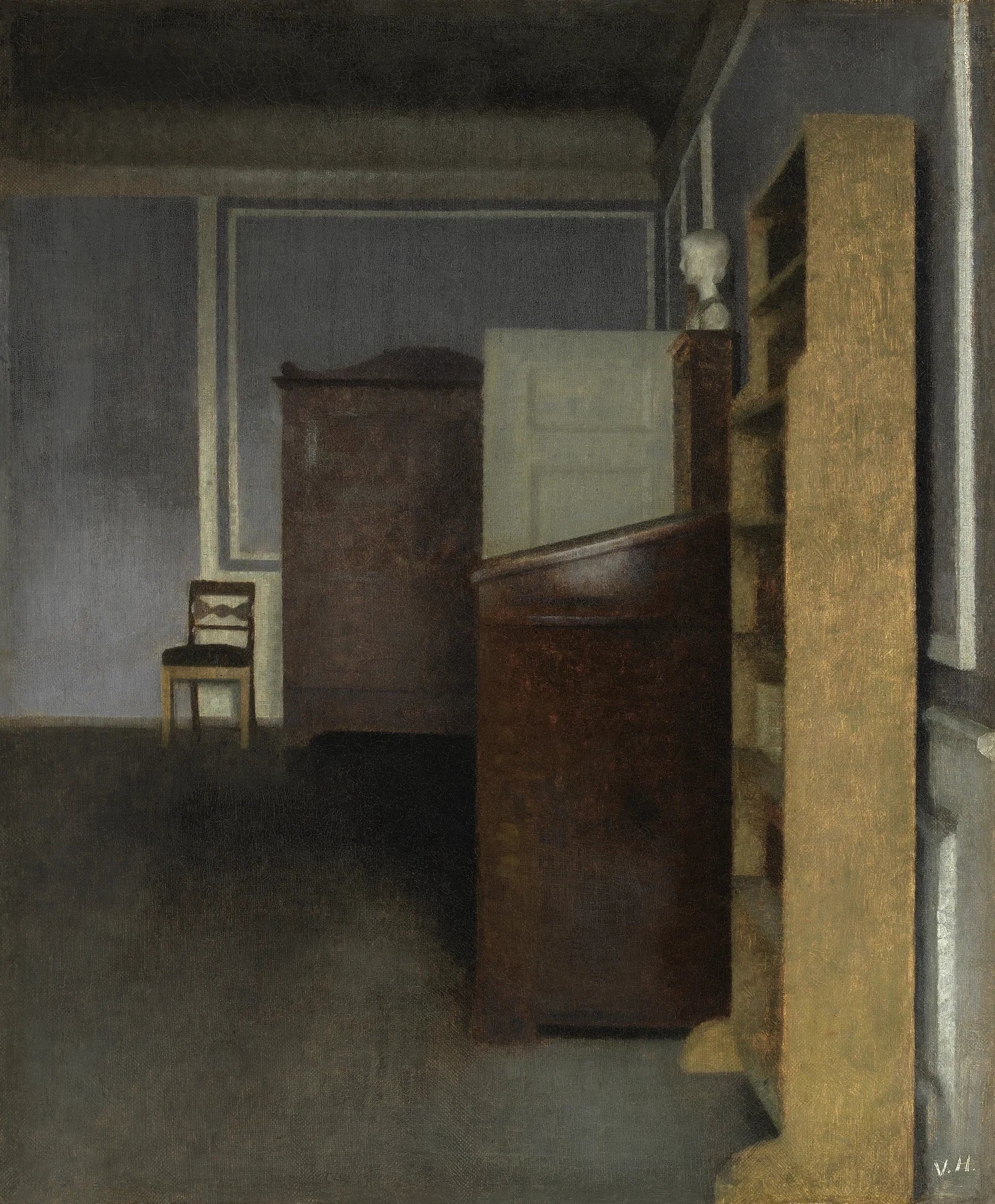 Salon avec bibliothèques et bureau, peinture de Vilhelm Hammershøi