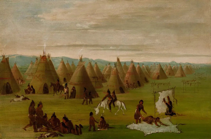 Village comanche, femmes en train de préparer leurs robes et de sécher la viande - George Catlin