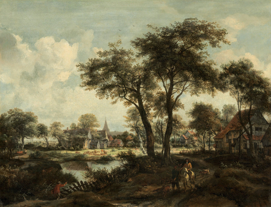 Village près d'une piscine - Meindert Hobbema