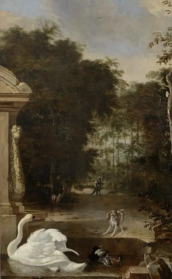 Vogelpark mit Schwan und Hund - Melchior de Hondecoeter