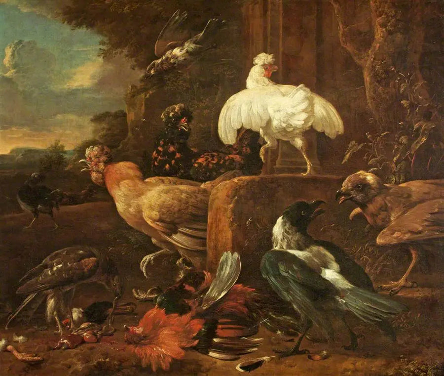 Volaille attaquée par des oiseaux prédateurs dans un paysage - Melchior de Hondecoeter