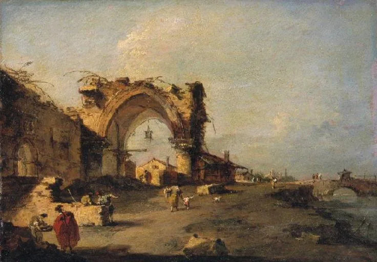 Vue d'une bourgade avec un pont et une porte gothique monumentale en ruine - Francesco Guardi