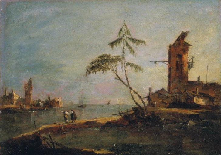 Vue de l'entrée d'un chenal avec deux tours - Francesco Guardi