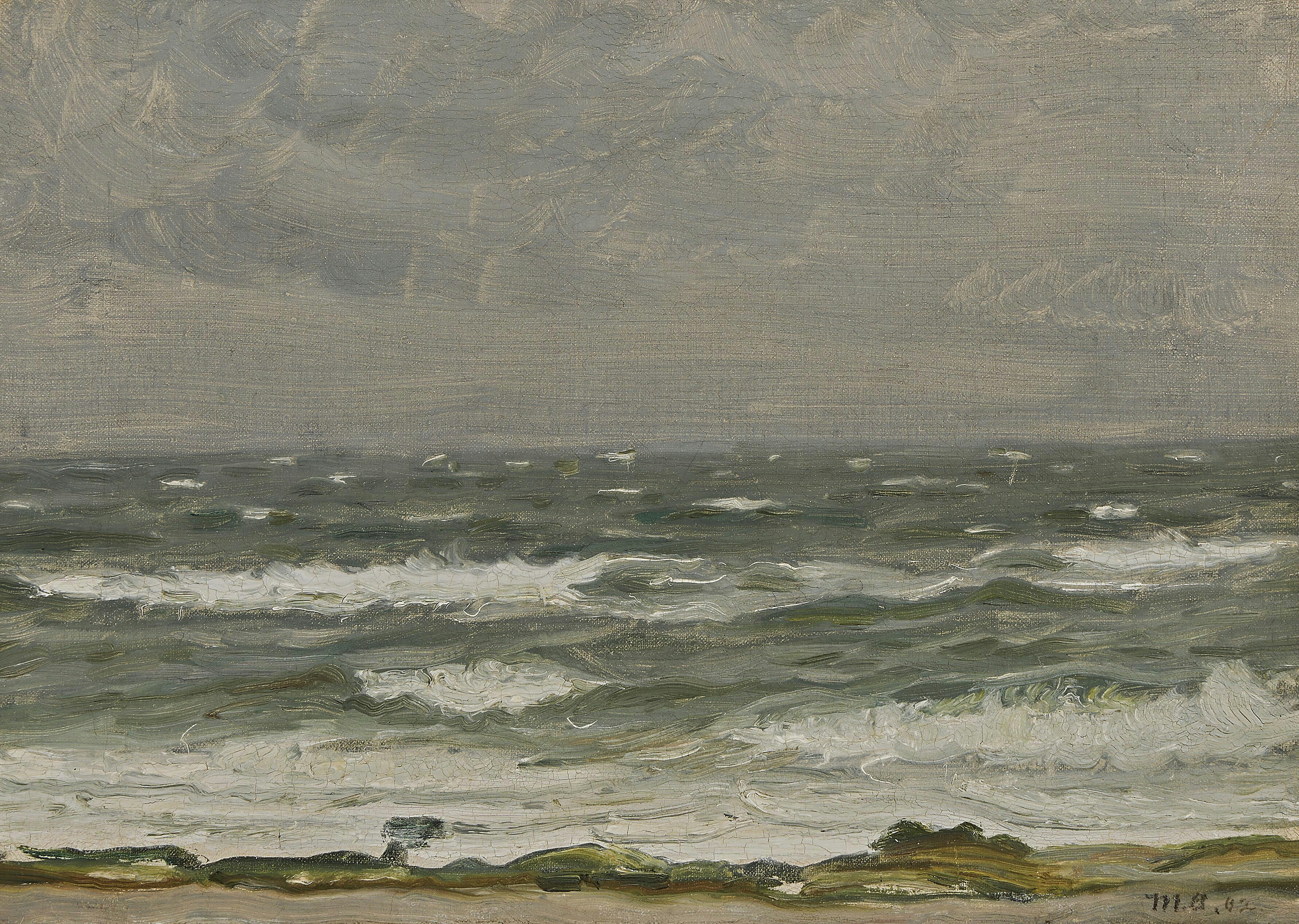 Vue depuis la côte vers la mer avec des vagues écumeuses, Skagen. - Michael Peter Ancher image 1 tableau peint à l’huile sur toile