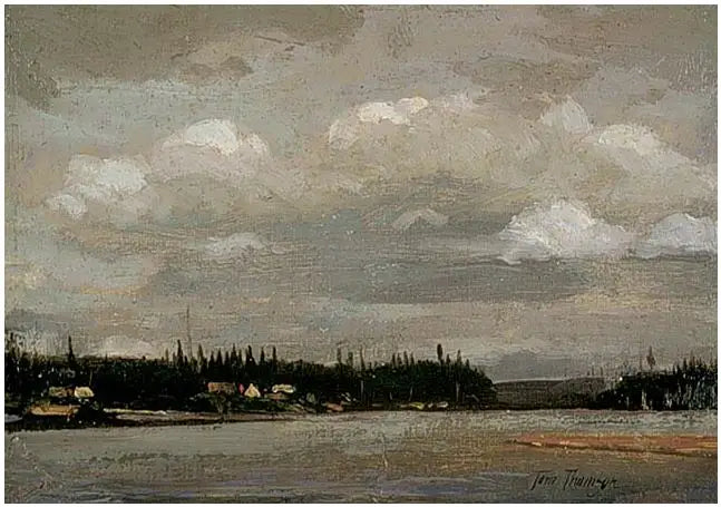 Vue sur un lac : rivage avec maisons - Tom Thomson