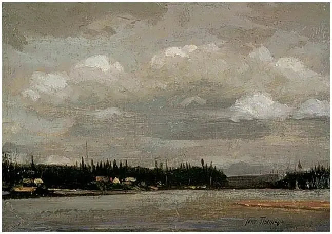 Vue sur un lac : rivage avec maisons - Tom Thomson