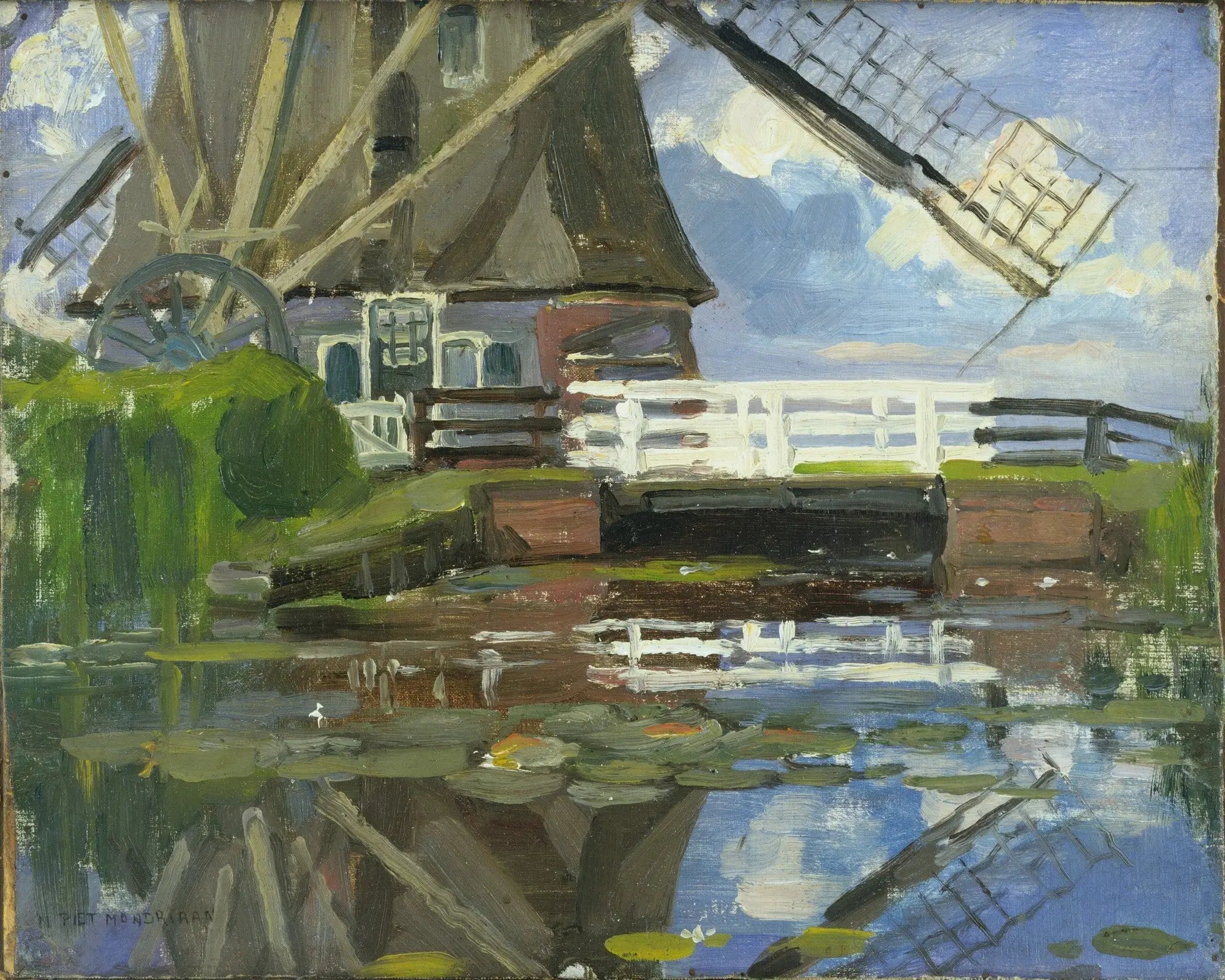 Reproduction du tableau « Vue tronquée du moulin Broekzijder sur les ailes Gein orientées vers l'ouest - Piet Mondrian » par Alpha Reproduction en peinture à l’huile