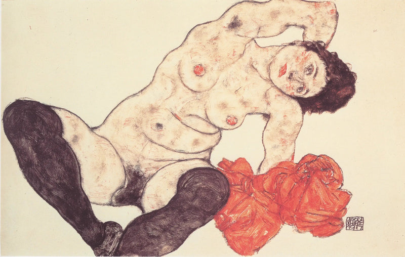 Weiblicher Akt mit gelbem Handtuch - Egon Schiele