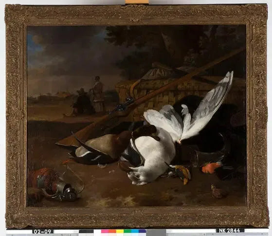 Zeemeeuw en andere dode vogels in avondlandschap - Melchior de Hondecoeter
